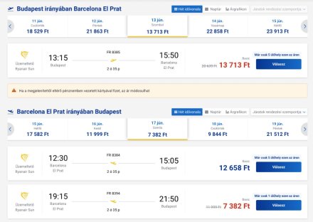 Ryanair jegyárak Budapest - Barcelona június 2026