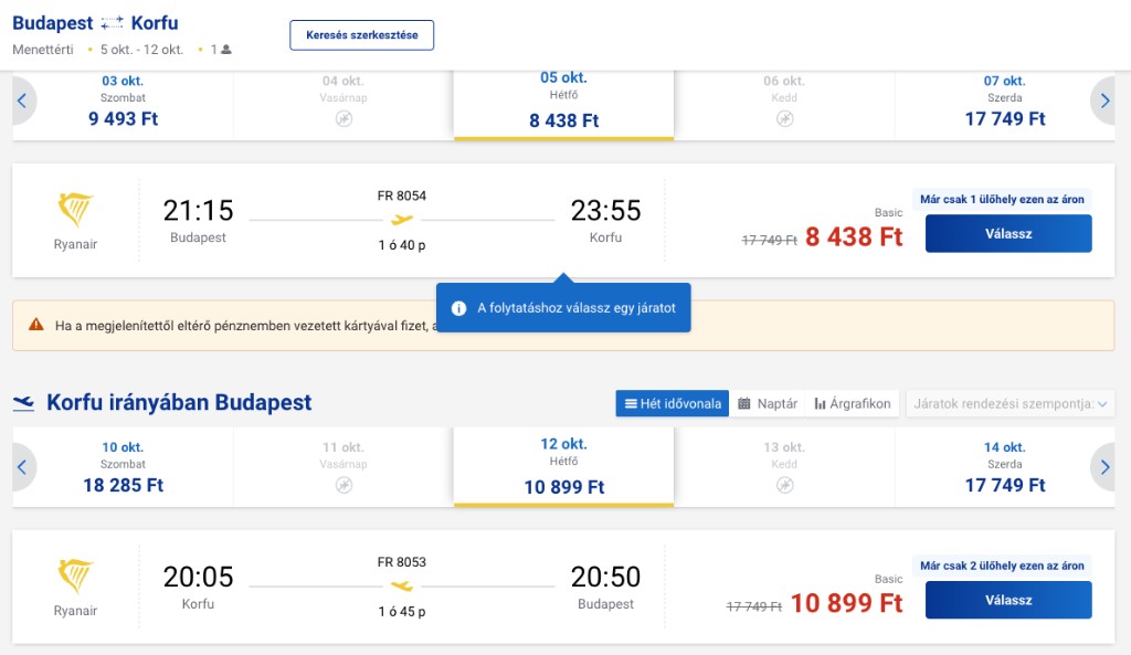 Ryanair jegyárak Budapest - Korfu október 2026