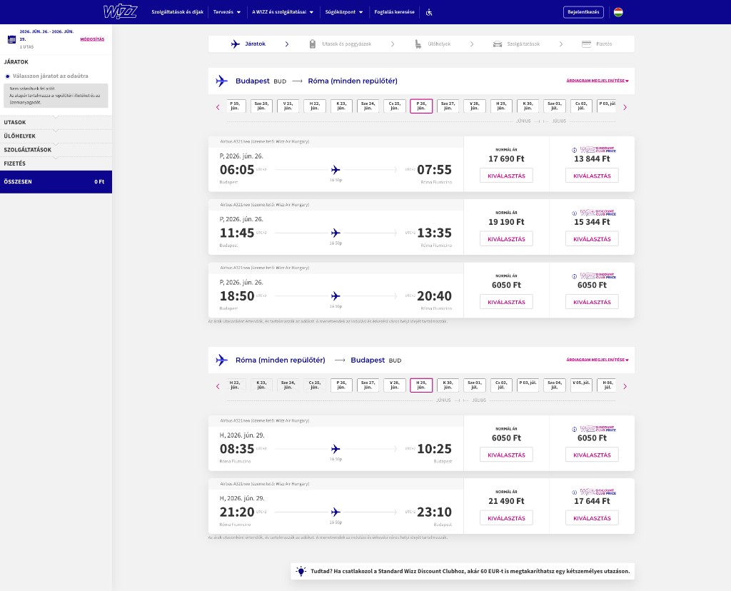 Wizz Air jegyárak Budapest - Róma június 2026