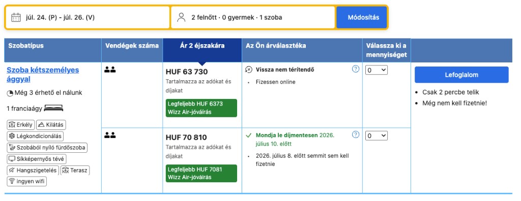 Villa Adria szobaár július 2026